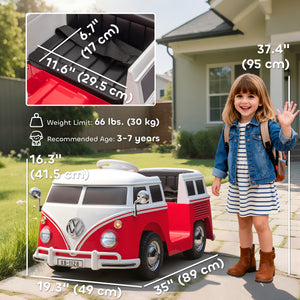 Qaba 12V Kids Ride on Car, Lisensed Volkswagen T1 Electric Vehicle with Dual Motor and Soft Start for 3-7 Years, Red
