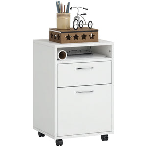24" Small Filing Cabinet with Open Compartment, Drawer and Wheels, Home Office Storage Cabinet, White