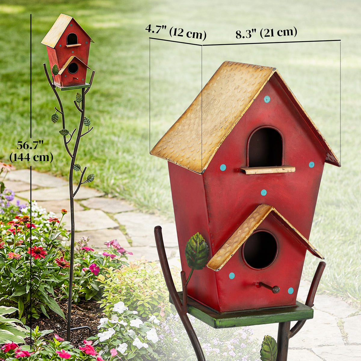 57" Outdoor Bird House with Pole, Metal Bird Houses for Outside, Double-Hole Birdhouse Outdoor Decoration, Red