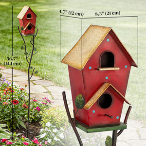 57" Outdoor Bird House with Pole, Metal Bird Houses for Outside, Double-Hole Birdhouse Outdoor Decoration, Red