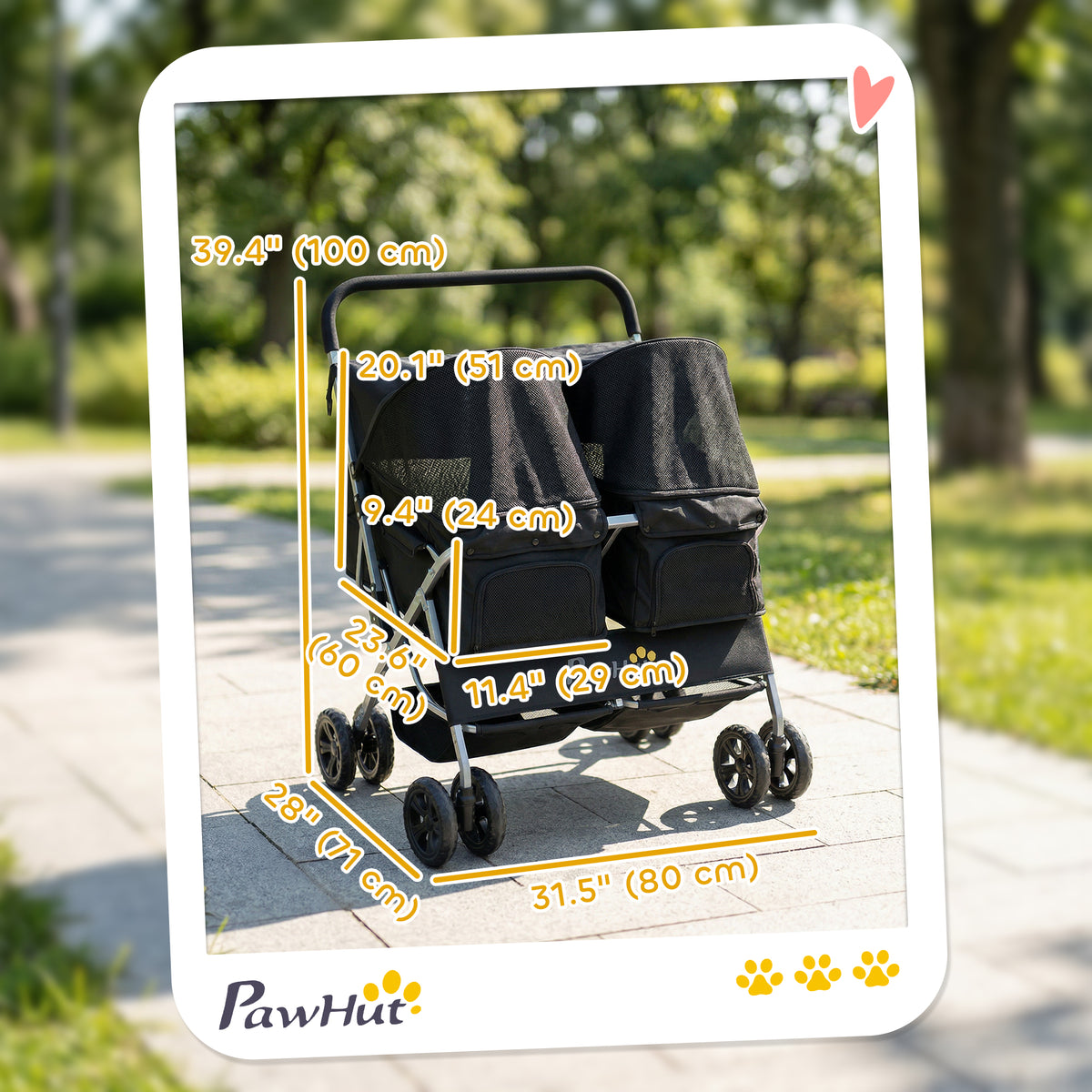 Double Pet Stroller, Foldable Dog Stroller with 2-Seater Carrier, Sunshade, Removable Pad, Safety Belt, Storage Basket
