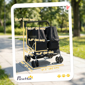 Double Pet Stroller, Foldable Dog Stroller with 2-Seater Carrier, Sunshade, Removable Pad, Safety Belt, Storage Basket