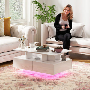 Coffee Table with RGB LED Lights, Modern Living Room Table with 4 Drawers, Open Shelf, Remote Control, High Gloss White