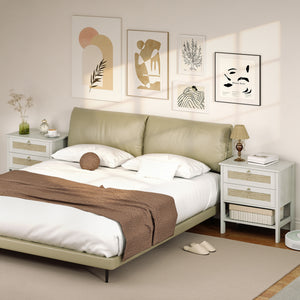 Set of 2 Boho Bedside Tables, Rattan Nightstands with 2 Drawers, Storage Shelf, End Side Tables for Bedroom, White Oak