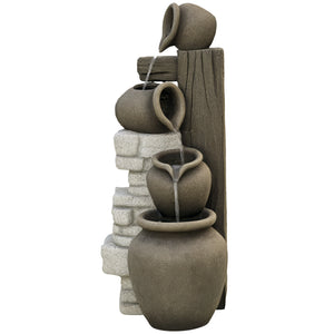 Wine Jars Outdoor Waterfall Fountain with Adjustable Flow, 4-Tier Rustic Resin Cascading Water Fountain, Decorative Backyard Water Feature for Zen Garden, Deck, Porch