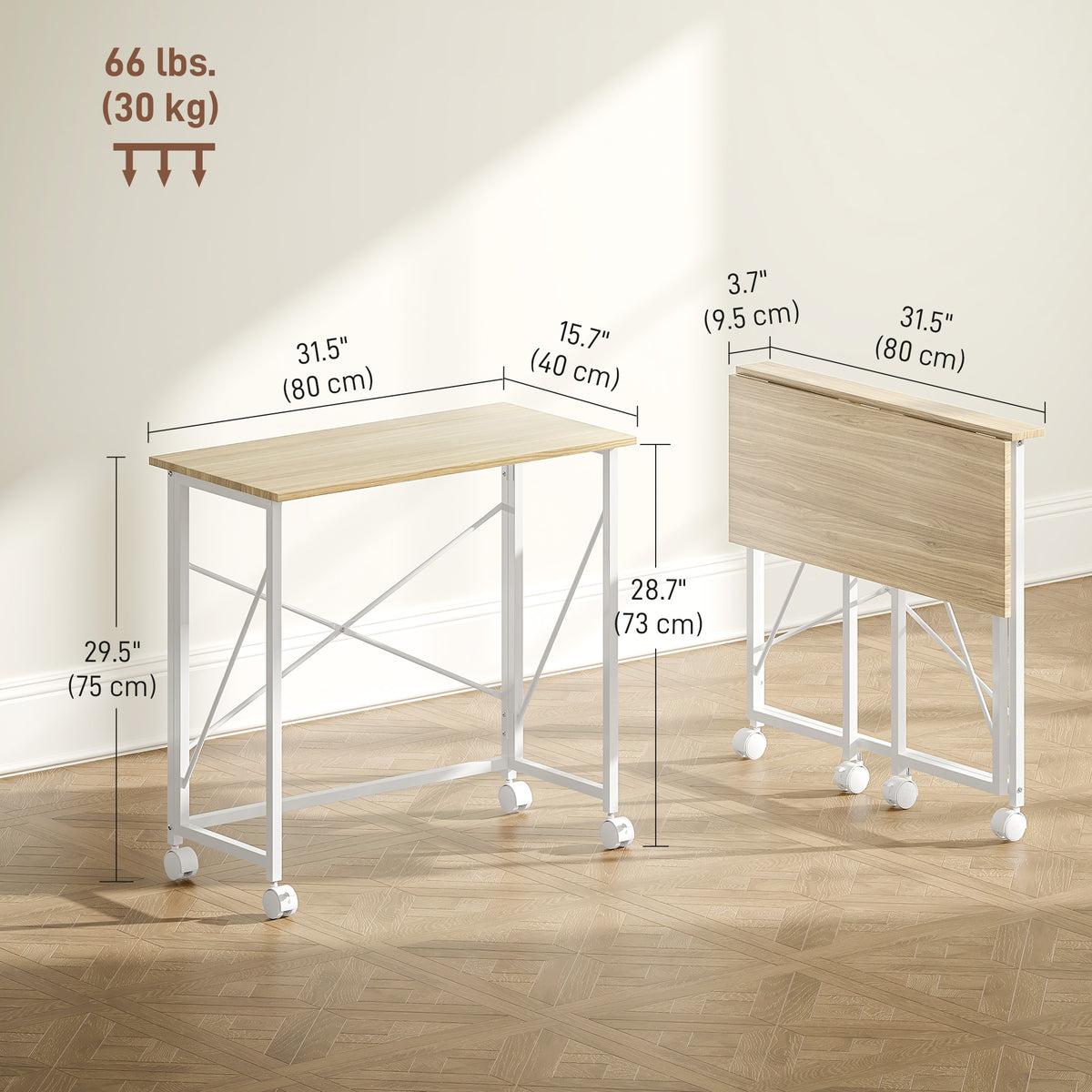 31.5" Home Office Desk, Folding Desk with Wheels for Small Space, Easy Assemblyfor Home Office, Natural Wood Finish