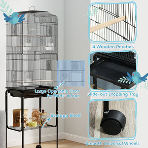 62" Rolling Bird Cage Cockatoo House Play Top Finch Pet Supply with Storage Shelf, Wheels - Black – view 4