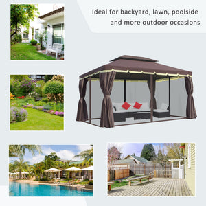 10 x 13ft Aluminum Frame Gazebo Canopy Double Tier Garden Shelter with Netting and Curtains, Coffee