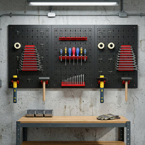 28 Piece Metal Peg Board with Accessories, Shelf Tool Organizer, Black and Red