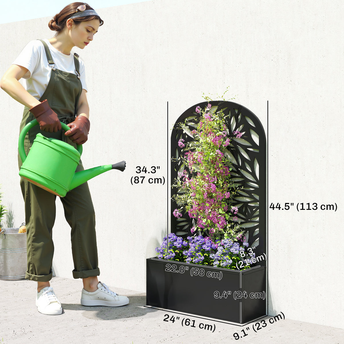 Metal Garden Bed with Trellis for Climbing Plants, Freestanding or Wall Mounted Flower Bed for Garden, Patio, Balcony