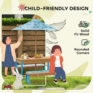 Qaba Kids Picnic Table and Bench Set with Removable Umbrella, Cushions & Boxes, Dinosaur Theme for Outdoor, Blue