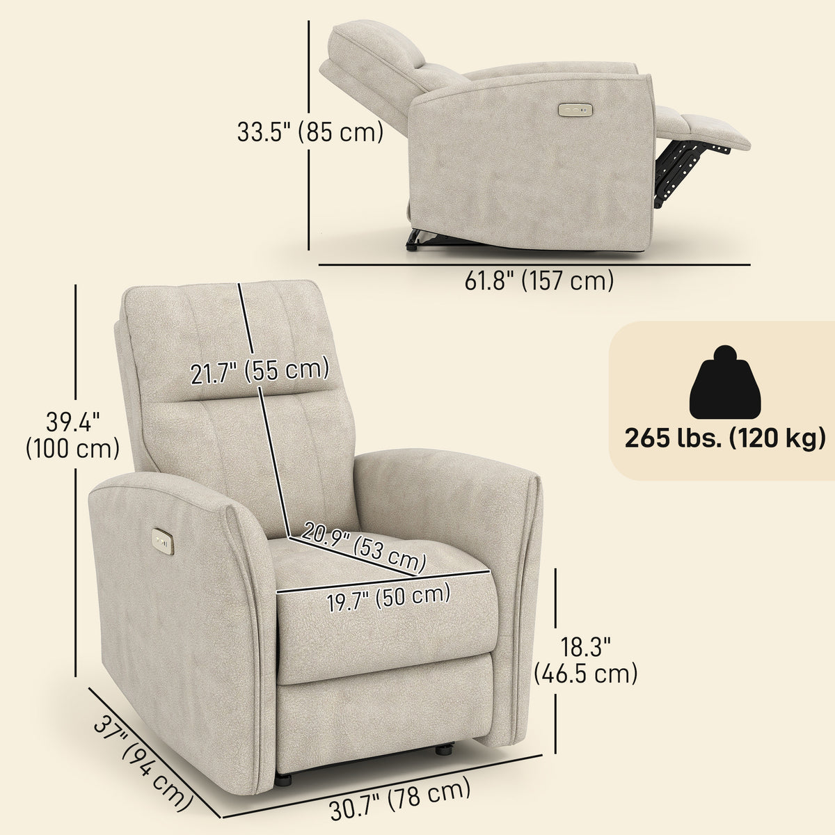 Power Recliner Chair, Dyed Fabric (Like Leathaire) Upholstered Recliner Chair with USB Ports, Footrest – view 2