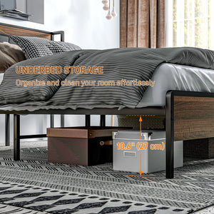 Queen Size Bed Frame with Charging Station, Queen Bed Frame with Upholstered Headboard and Storage Shelf, Walnut
