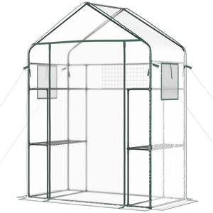 Walk-in Greenhouse with 4 Shelves, 56" x 29" x 77" Mini Greenhouse ,Roll-Up Door, Mesh Windows for Seedling, Flowers, Plant Growing, Clear