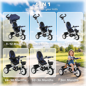 Qaba 6 in 1 Toddler Tricycle with Parent Push Handle, Canopy, Storage Baskets, Cupholder, Dark