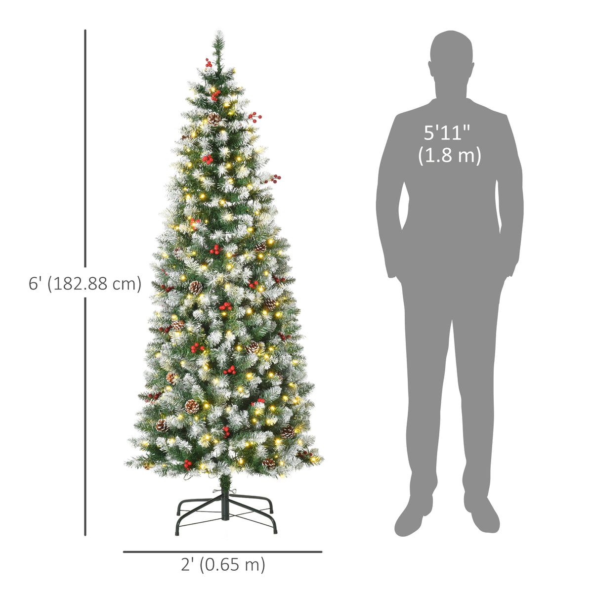 6 ft Snow-Dipped Pencil Christmas Tree Pre-Lit Holiday Decoration with LED Lights Pine Cones Red Berries Green