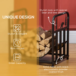 Curved Firewood Rack with Bear and Pine Tree Design, 17 Inch Log Holder Storage Rack with 110 lbs. Capacity, Black