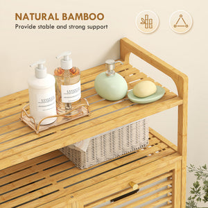 Tilt Out Laundry Hamper, Bamboo Laundry Cabinet with 2 Removable Baskets and 2-Tier Shelves for Laundry Room, Natural