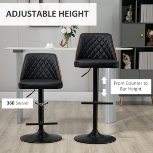 Modern Bar Stools PU Leather Set of 2 Swivel Bar Height Barstools Chairs with Adjustable Height, Round Heavy Metal Base and Footrest, Black
