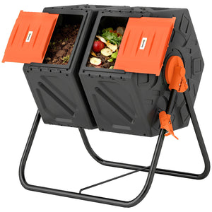 Rotating Composter, Dual Chamber Compost Bin with 24 Vents and Steel Legs, 34.5 Gallon, Brown