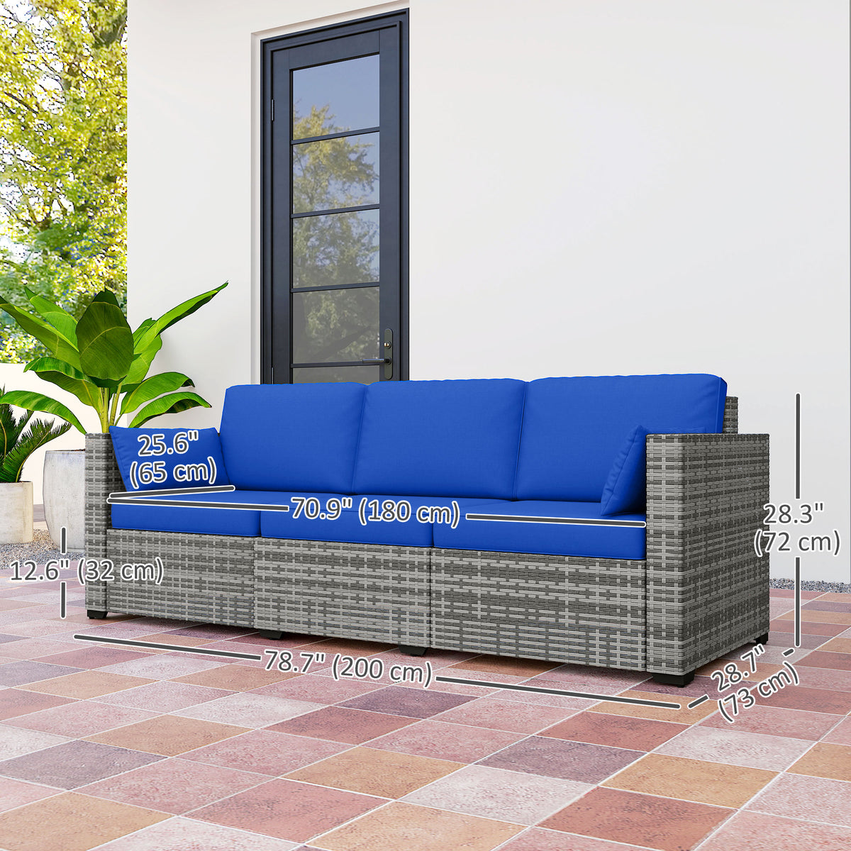 3-Seater Outdoor Sofa with Cushions, PE Rattan Conversation Patio Couch with Pillows for Garden, Poolside, Blue