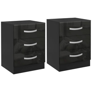 Bedside Table Set of 2, Modern Nightstand with Drawers and High Gloss Fronts, Night Table for Bedroom, Black