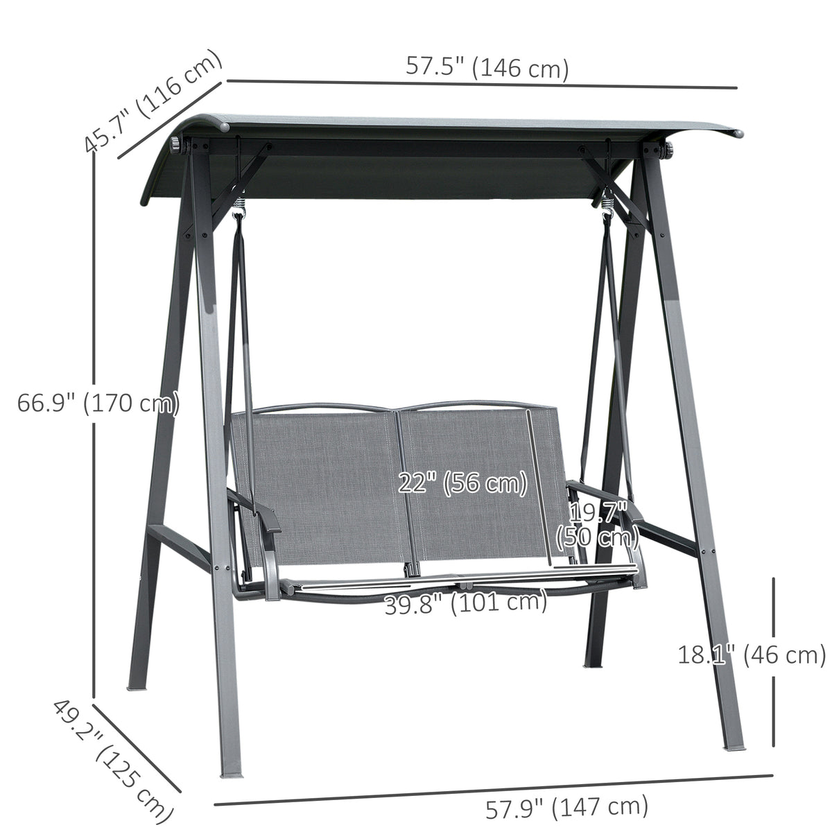 2-Seat Outdoor Porch Swing Patio Swing with Adjustable Canopy, Removable Seat and and Steel Frame for Garden, Poolside