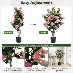 Set of 2 39.5 inches Artificial Camellia Tree with Orange Blossoms in Cement Pot for Decoration-Pink view 7