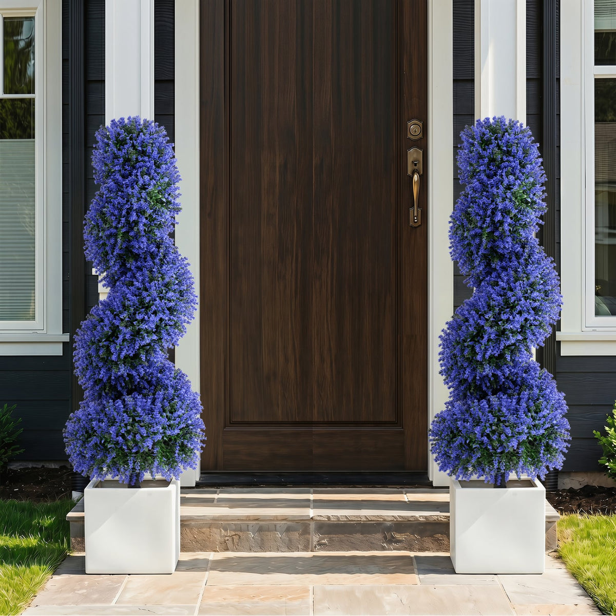 Set of 2 Artificial Spiral Topiary Trees with Sun Protection and Ground Spikes-Purple view 2