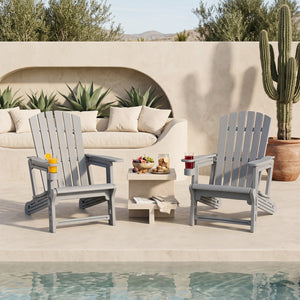 Set of 2 HDPE Adirondack Chair with Cup Holder and Wood-Like Texture, for Garden-Gray view 3