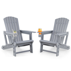 Set of 2 HDPE Adirondack Chair with Cup Holder and Wood-Like Texture, for Garden-Gray view 4