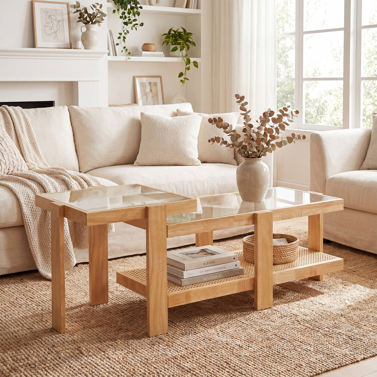 Set of 2 Nesting Coffee Table with Boho Rattan Accent Table-Natural view 2