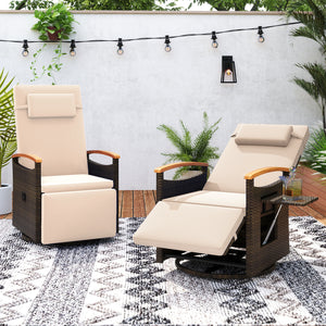 Set of 2 Patio Rattan 360° Swivel Recliner Chair with Adjustable Backrest and Footrest-Beige view 2