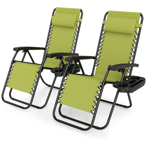 Set of 2 Portable Zero Gravity Chairs with Cup Holder Trays and Backrest -Green