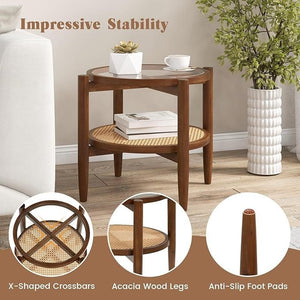 Set of 2 Rattan Round Side End Table with Tempered Glass Tabletop-Walnut view 7