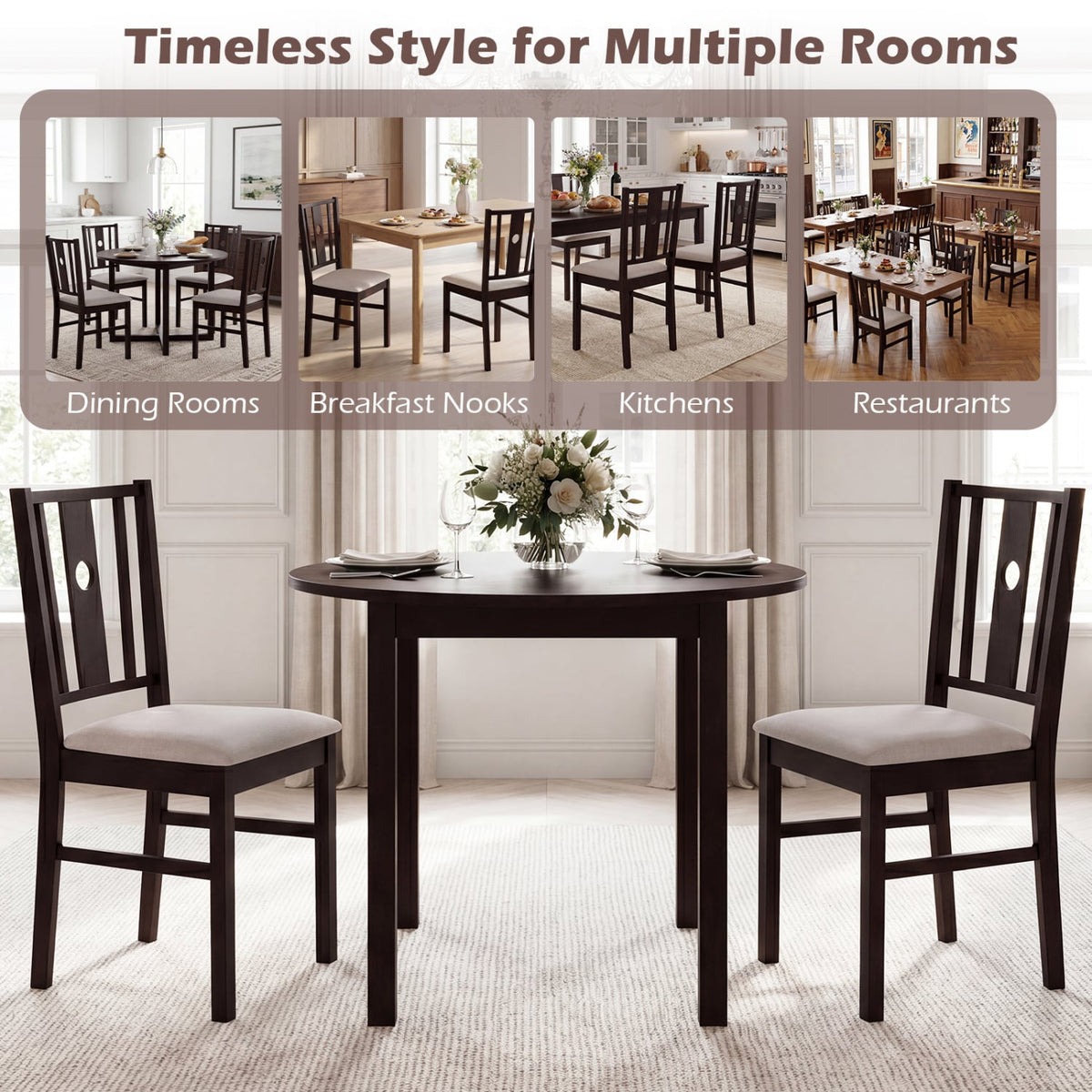 Set of 2 Rubber Wood Kitchen Chairs with Fabric Padded Seat -Coffee view 2