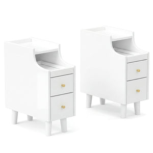 Set of 2 Solid Wood Night Side Table with Pull-out Tray and 2 Storage Drawers-White view 2