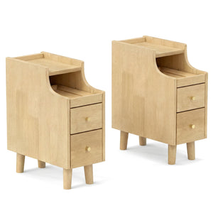 Set of 2 Solid Wood Night Side Table with Pull-out Tray and 2 Storage Drawers-Natural view 2