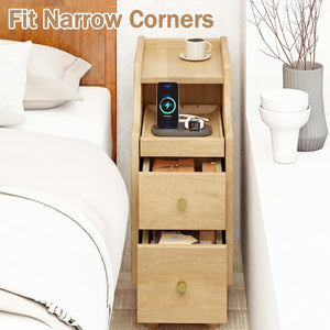 Set of 2 Solid Wood Night Side Table with Pull-out Tray and 2 Storage Drawers-Natural view 8