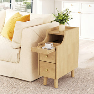Set of 2 Solid Wood Night Side Table with Pull-out Tray and 2 Storage Drawers-Natural view 9