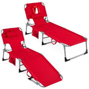 Set of 2 Tanning Chair Portable Chaise Lounge Chair with 4-Position Adjustable Backrest-Red view 4