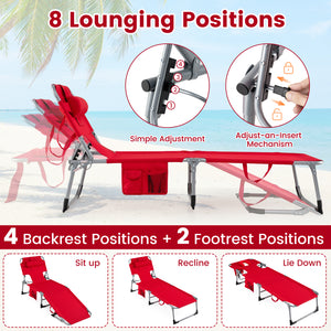 Set of 2 Tanning Chair Portable Chaise Lounge Chair with 4-Position Adjustable Backrest-Red view 6