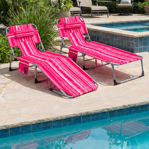 Set of 2 Tanning Chair Portable Chaise Lounge Chair with 4-Position Adjustable Backrest-Pink Stripe view 2