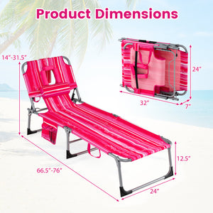 Set of 2 Tanning Chair Portable Chaise Lounge Chair with 4-Position Adjustable Backrest-Pink Stripe view 3