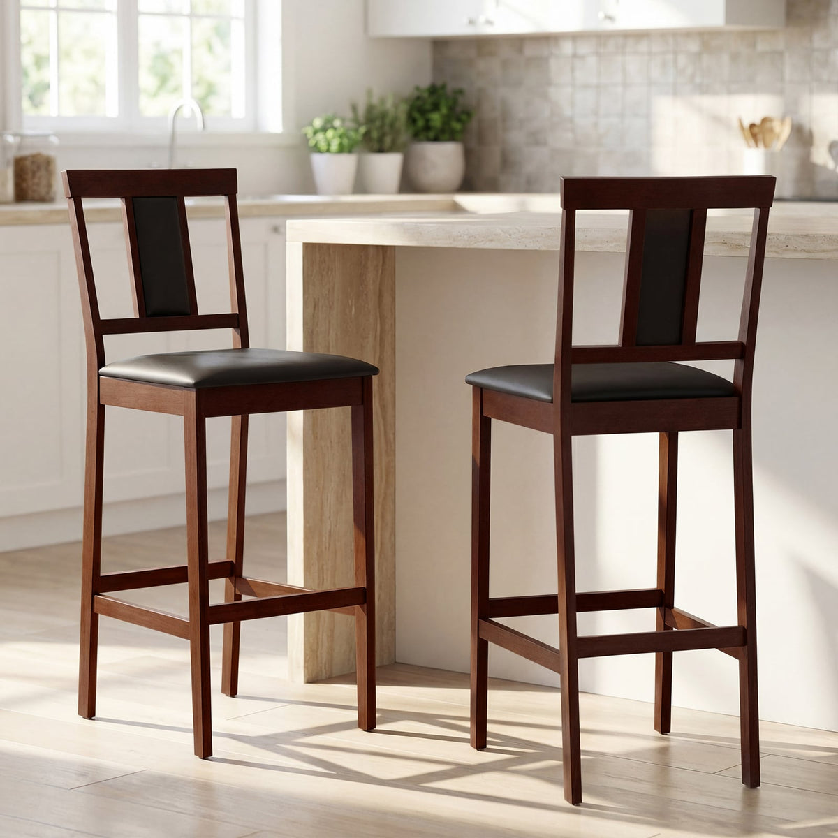 Set of 2 Upholstered Barstool 29.5 Inch Bar Height with Solid Rubber Wood Frame-Walnut view 2