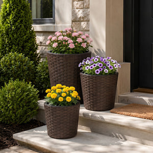Set of 3 Plastic Planters with Drainage Holes and Saucers for Porch and Garden-Brown view 2