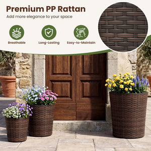 Set of 3 Plastic Planters with Drainage Holes and Saucers for Porch and Garden-Brown view 8
