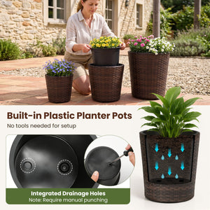 Set of 3 Plastic Planters with Drainage Holes and Saucers for Porch and Garden-Brown view 9