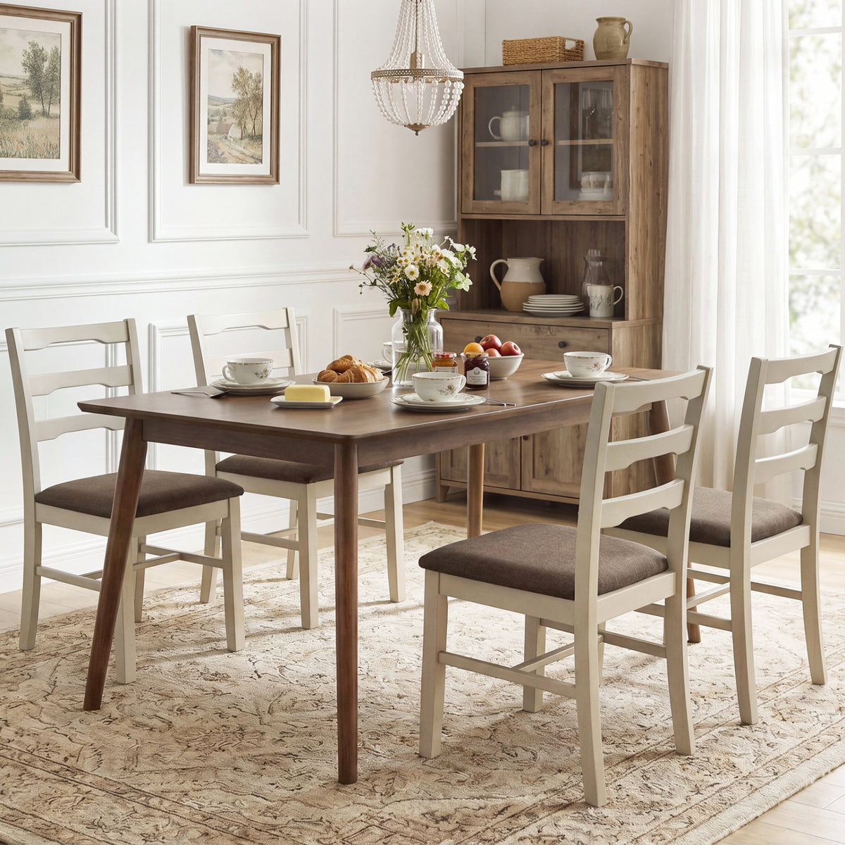 Set of 4 Linen Style Upholstered Dining Chairs with Wood Frames-White view 2
