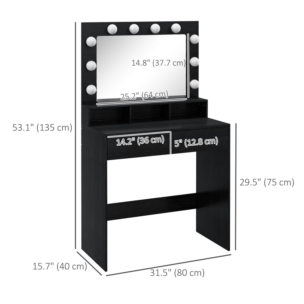 Vanity Table, Makeup Dressing Table with LED Lighting Mirror, Drawers, for Bedroom, Black – view 2